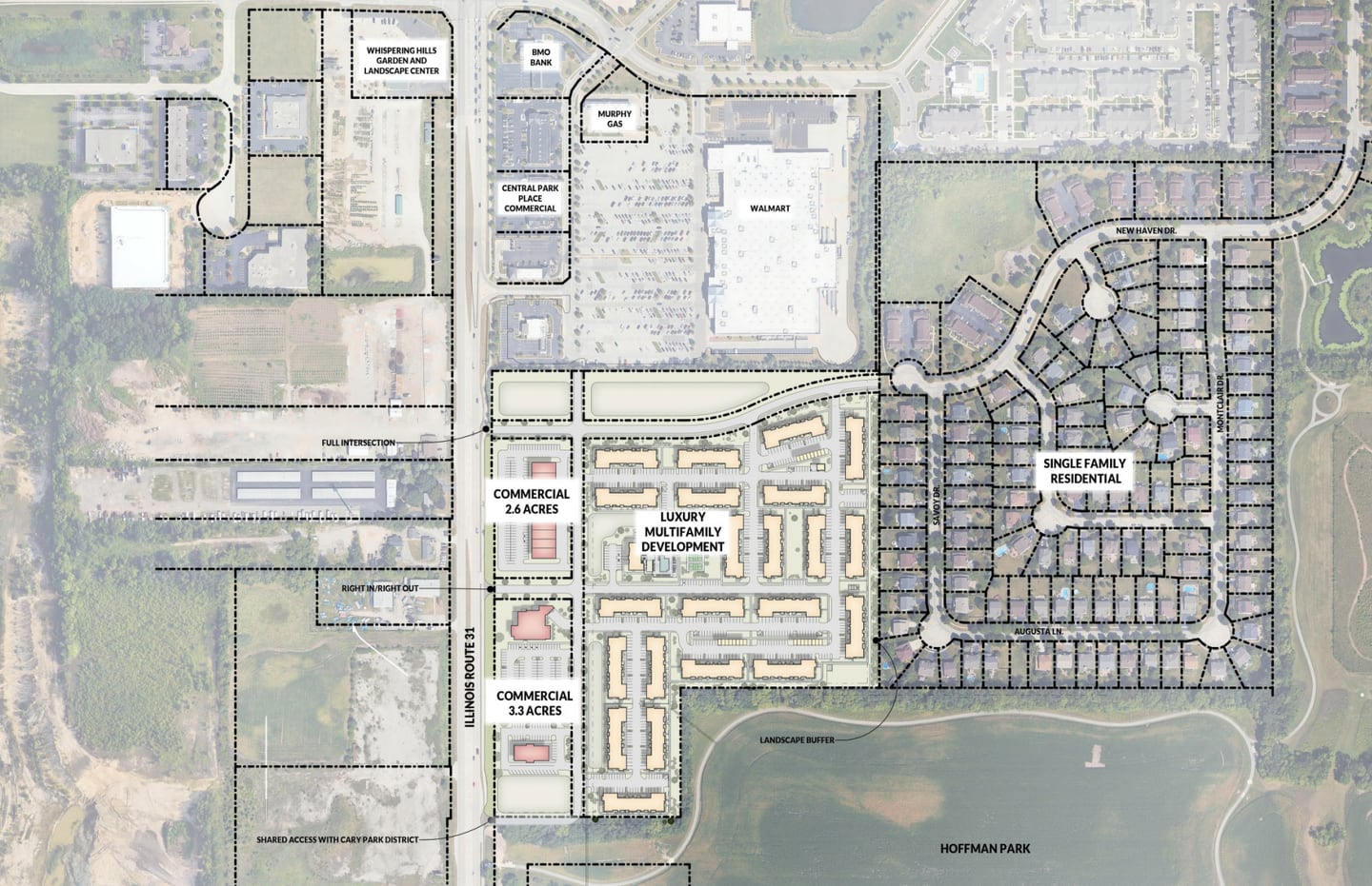 A map shows the site of a proposed development of commercial space and luxury housing on more than 35 acres off Route 31 in Cary from Milwaukee-based Fiduciary Real Estate.