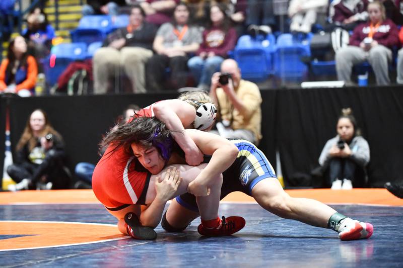Elise Burkut of Wheeling wrestles in the 125-pound championship match in the IHSA Girls Individual State Finals on Saturday, March 1. Burkut took second place to Sophie Bowers of Vandalia.