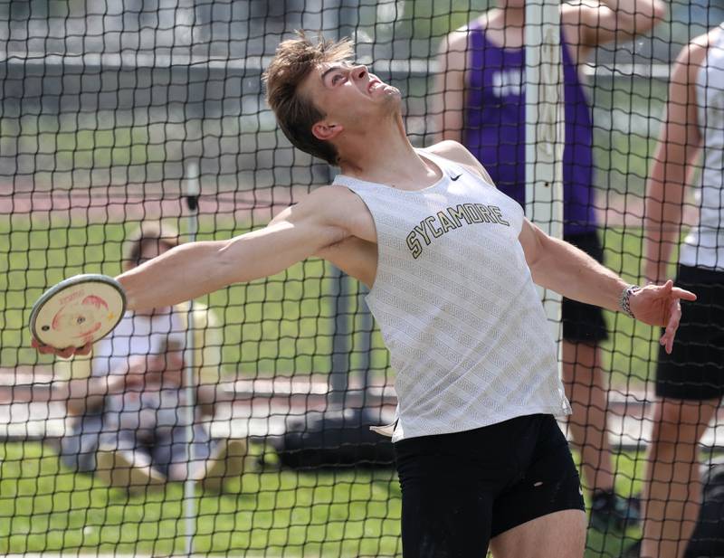 Sycamore’s Dylan Weides competes in the discus Tuesday, May 13, 2025, during the Interstate 8 Conference boys track championships at Rochelle High School.
