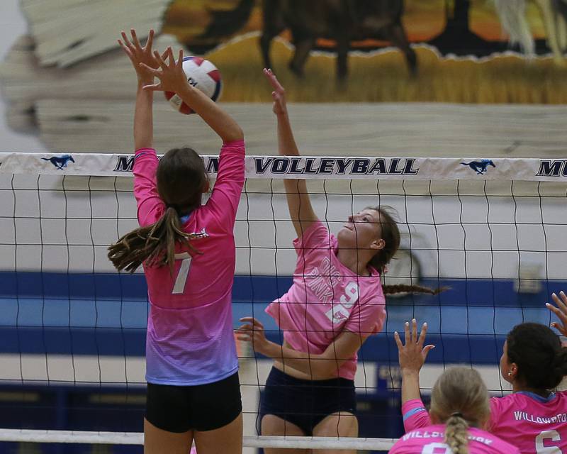 Willowbrook's Julia Amin (7) blocks a shot by Downers Grove South's Jayda Dixon (9) during volleyball match between Willowbrook at Downers Grove South.  Oct 1, 2024. in Downers Grove.