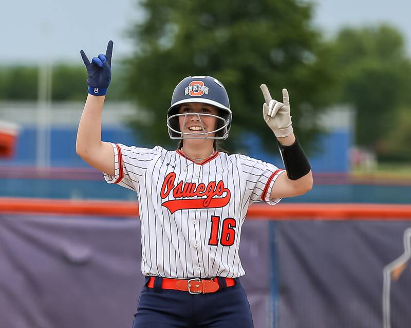 Oswego's Rikka Ludvigson (16) celebrates at second base after hitting a double during Class 4A Oswego Regional final softball game between Yorkville at Oswego. May 24th, 2024.