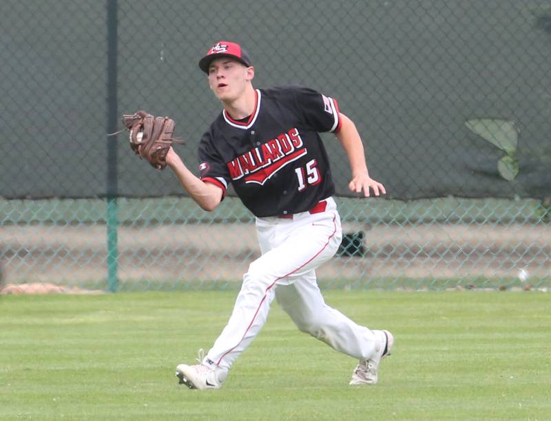 Henry-Senachwine's Preston Rowe makes a catch in left field against Milton during the Class 1A Supersectional game on Monday, May 29, 2023 at Illinois Wesleyan University in Bloomington.