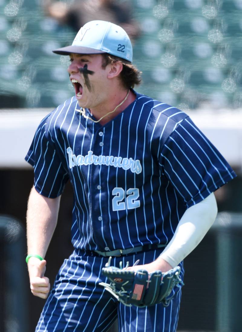 Joe Lewnard/jlewnard@dailyherald.com
Nazareth pitcher John Hughes reacts after his team got out of the third inning unscathed during the Class 3A state baseball semifinal game against Sycamore in Joliet Friday.