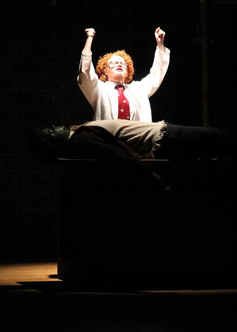 Forrest Boes as Frederick Frankenstein and Robbie Malerk as the monster rehearse a scene during the "Young Frankenstein" musical at Engle Lane in Streator.