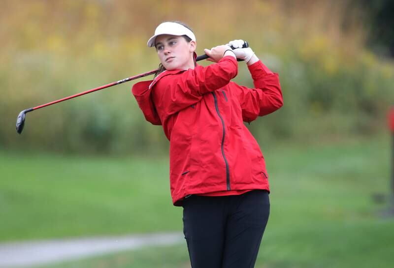 Batavia’s Avery Sheehan tees off during the DuKane Conference Girls Golf Championship on Tuesday, Sept. 24, 2024 at Phillips Park Golf Course in Aurora.