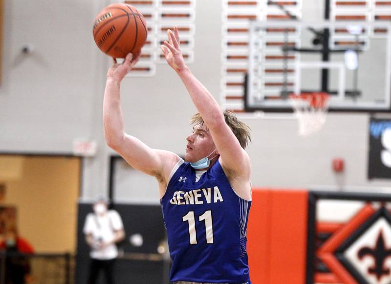 Geneva’s Jimmy Rasmussen shoots the ball during a game at St. Charles East on Tuesday, Feb. 8, 2022.