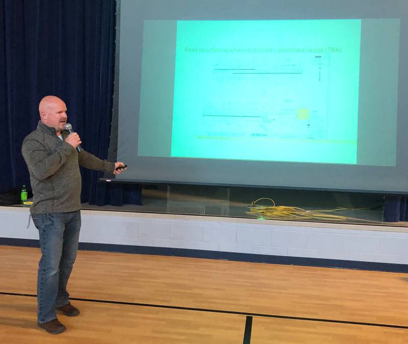 Wonder Lake Village President Dan Dycus shared a presentation with about 80 residents on Monday, May 5, 2025, at Harrison Elementary School, explaining the city's project to bring public water and sewer to Hancock Drive.