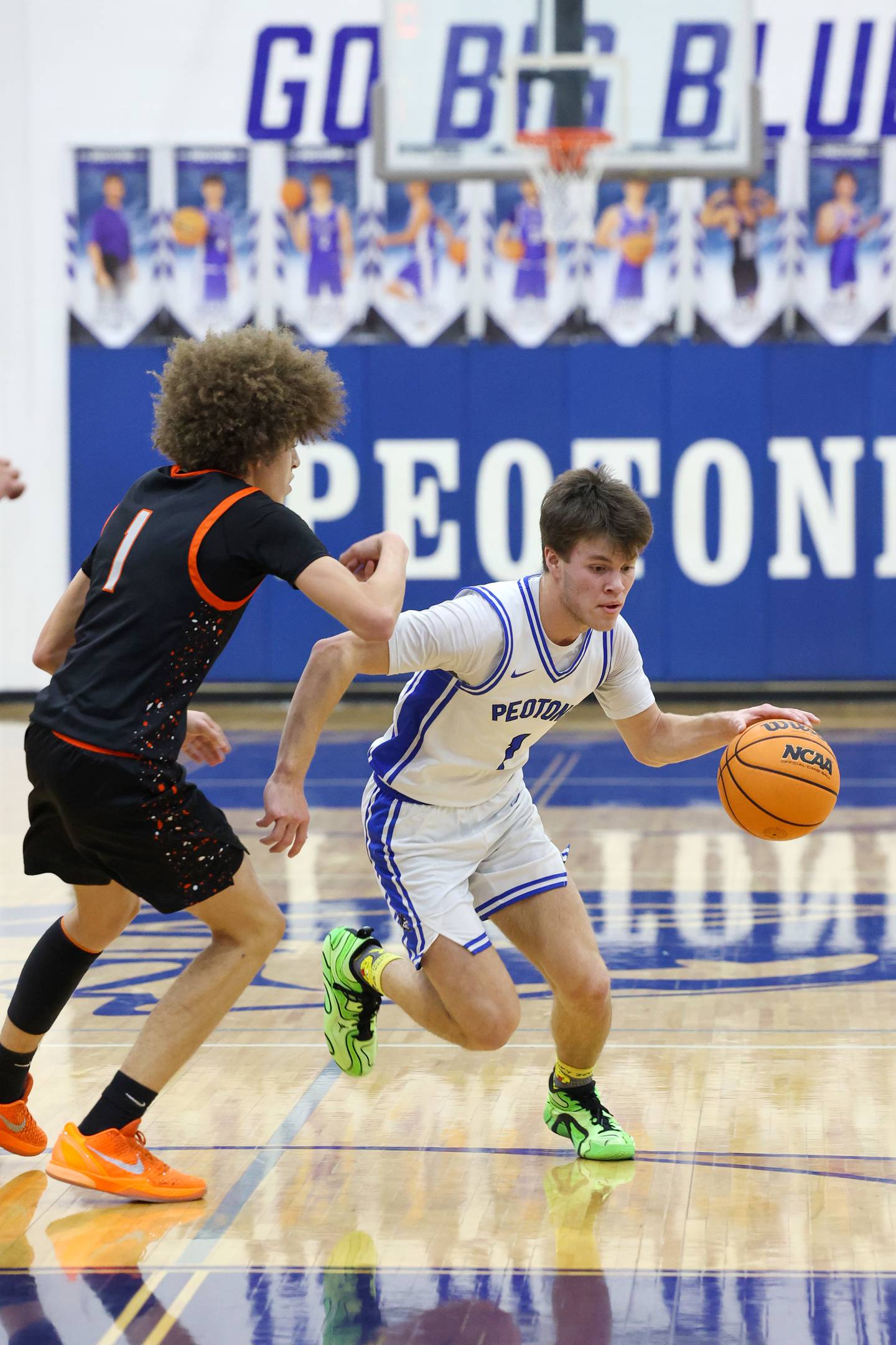 Peotone's Alex Chenoweth drives to the lane against Beechers' Jadyn Stout during the Blue Devils' 64-52 victory over Beecher on Wednesday, Jan. 28, 2026.