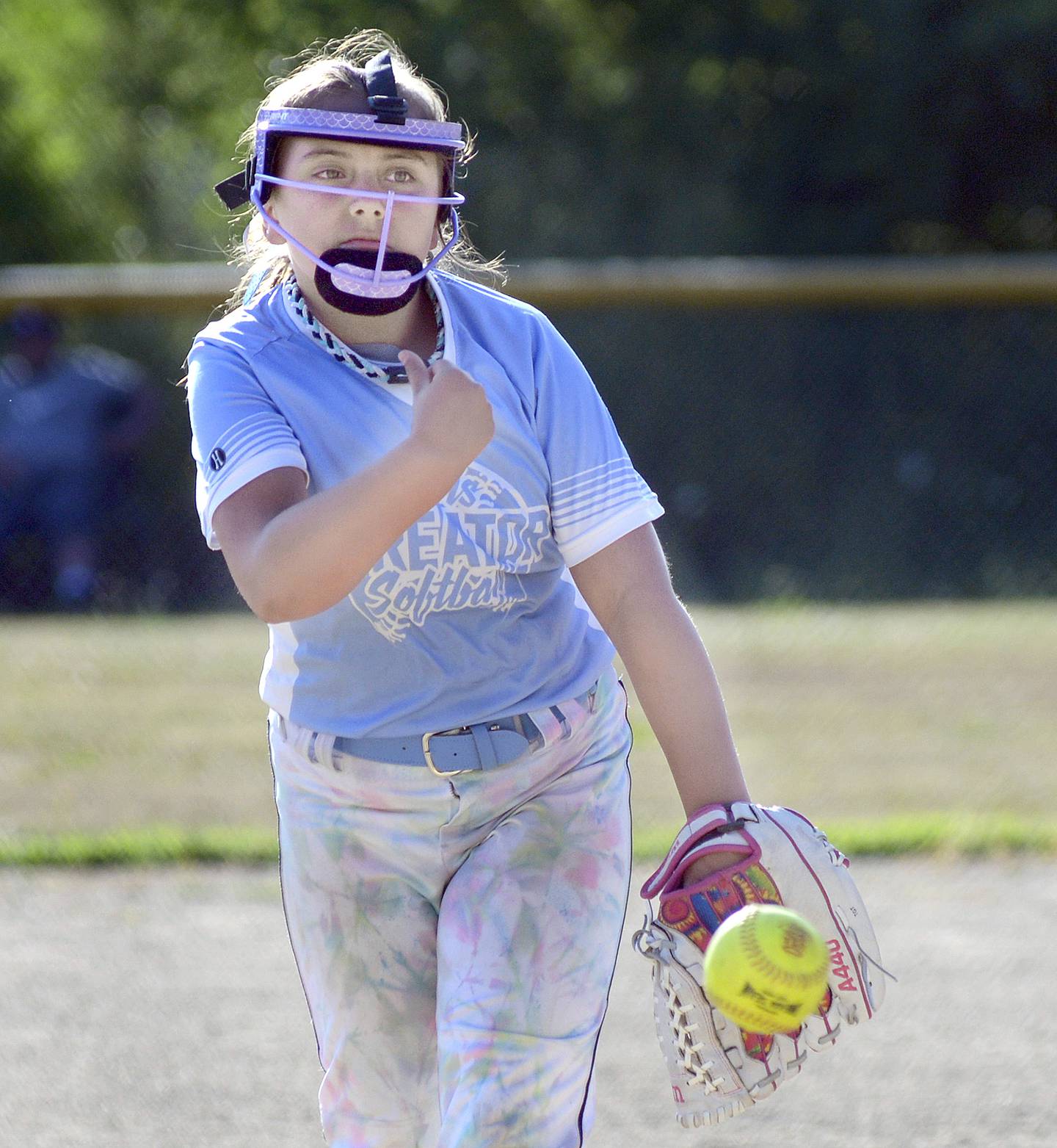 MJ Track Works pitcher Lily Day comes in relief during the second inning of Wednesday's Streator Girls Softball 14U title game against Dairy Queen at Bodznick Park in Streator.