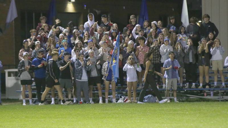 Somonauk fans cheer on the soccer team while playing Earlville  in the Little Ten Conference championship game on Thursday, Oct. 5,  2023 at Hinckley High School.