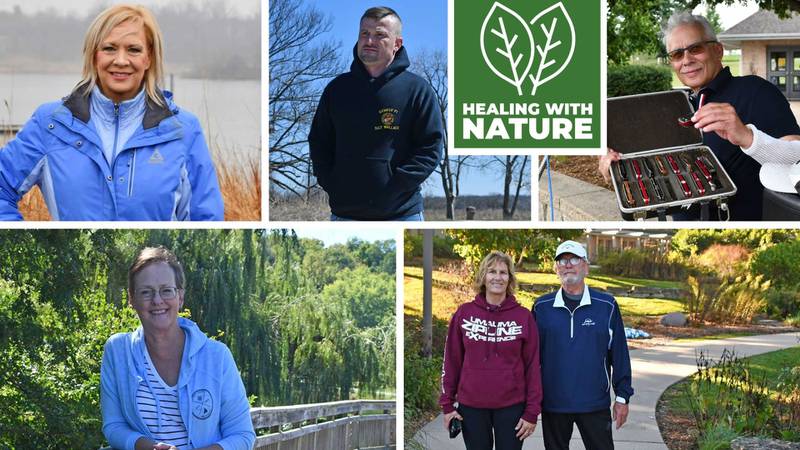 Six Will County residents shared how nature has helped them physically and mentally in 2024 for a Forest Preserve District of Will County Healing With Nature series. Clockwise from the upper left are Julie Jacobsen of Naperville, Nick Wallace of Joliet, John Keslin of Beecher, Tom Scott of Crete and Nancy Baker of Beecher, and Barbara Collins of Bolingbrook.