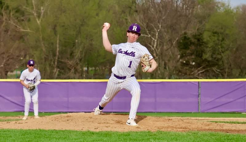 Rochelle's Andrew Huerta delivers a pitch during the Hubs' game with Sycamore on April 13.