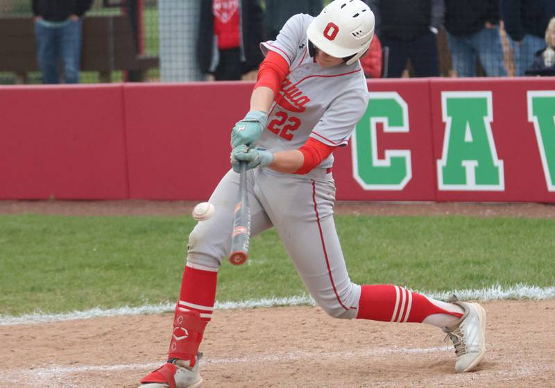 Ottawa's Brendyn Fuchs gets a hit against L-P on Thursday, April 30, 2026 at Huby Sarver Field in the L-P Athletic Complex in La Salle.