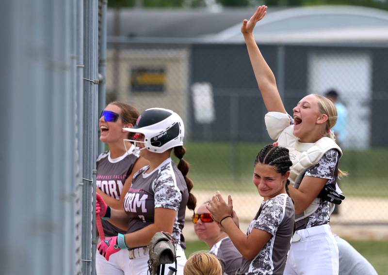 Kishwaukee Valley Storm players cheer on their teammates Friday, June 27, 2025, during their 16u game against Northern Ice in the Storm Days tournament at the Sycamore Community Sports Complex.