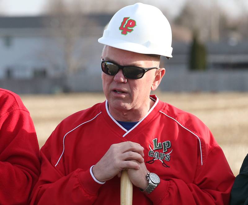 La Salle-Peru Township High School board member Tony Sparks speaks during a ground breaking ceremony on a 9.5 million dollar addition to the La Salle-Peru Township High School Athletic Complex on Tuesday, March 7, 2023 in La Salle. This project will see the addition of competition baseball and softball diamonds, expansion of tennis courts, and installation of artificial turf to the school’s soccer field, along with expanded parking space. Additionally, restroom facilities will be added to the existing soccer field utility building and a structure will be built near the baseball/softball diamonds to serve as a concession stand, press box, and restrooms.