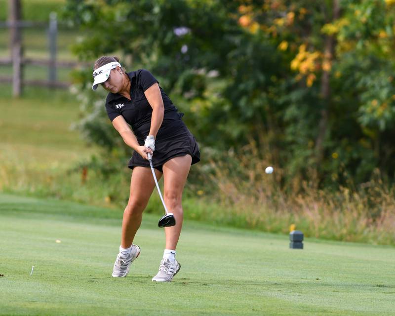 Kiley Sanborn of Plainfield North tees off during the Southwest Prairie conference meet on Wednesday Sept. 24, 2025, held at Blackberry Oaks Golf course in Bristal.