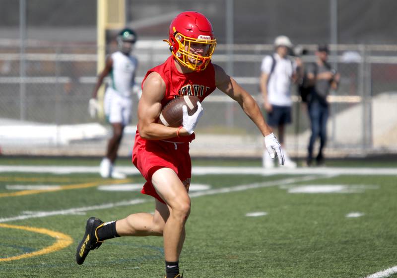 Batavia’s Drake Ostrander makes an interception during a 7 on 7 football tournament at Batavia High School on Thursday, July 14, 2022.