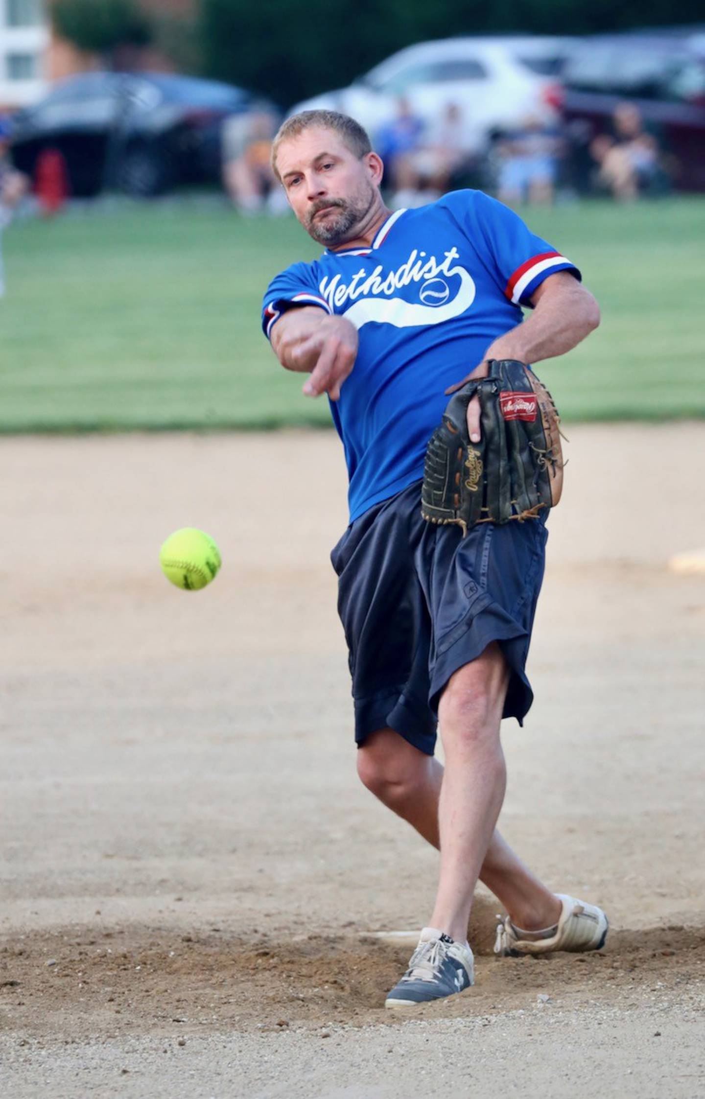 Bret Lasson makes his pitch for United Methodist Monday at Westside Park.