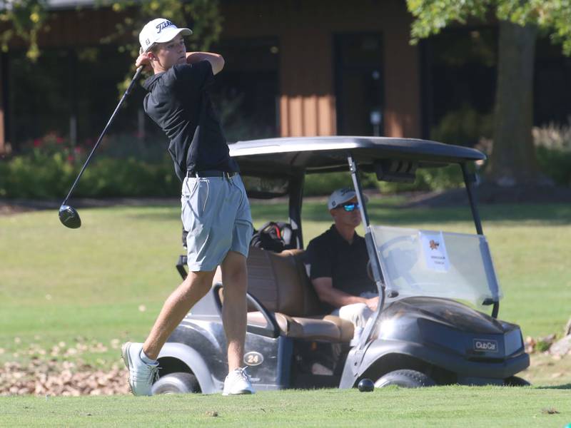 Minooka's Ethan Walsh tees off during the Pirate Invitational on Monday, Sept. 15, 2025 at Deer Park Golf Club in Oglesby.