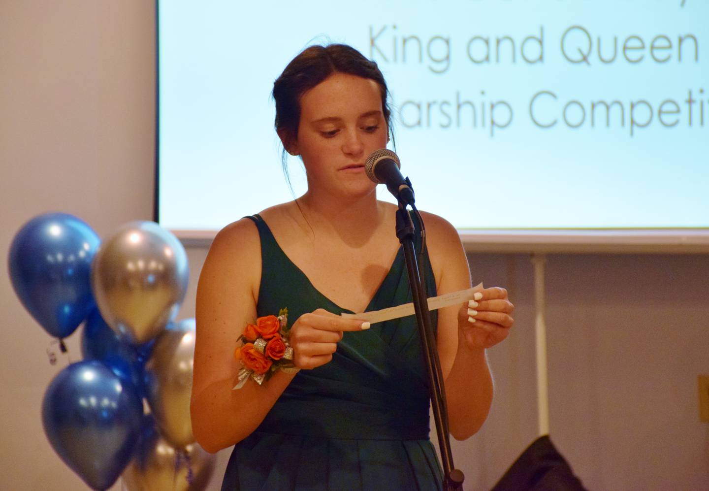 Hanna Chriss answers a question during the public interview portion of the 2021 Genoa Days King and Queen Scholarship Contest, held Wednesday evening. Chriss was named this year's queen.