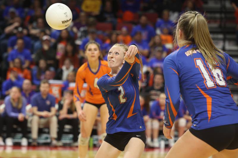 Genoa-Kingston’s Kailey Kline digs out a shot against IC Catholic in the Class 2A championship match on Saturday in Normal.