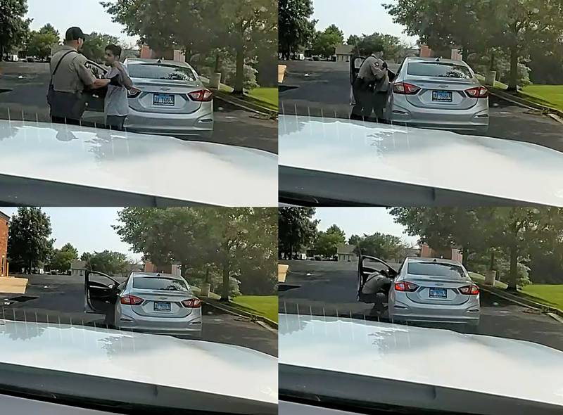 These are images taken from the dash cam of the Kankakee County Sheriff's Deputy who suffered minor injuries attempting to stop a Kankakee man from fleeing the scene of a traffic stop Tuesday.