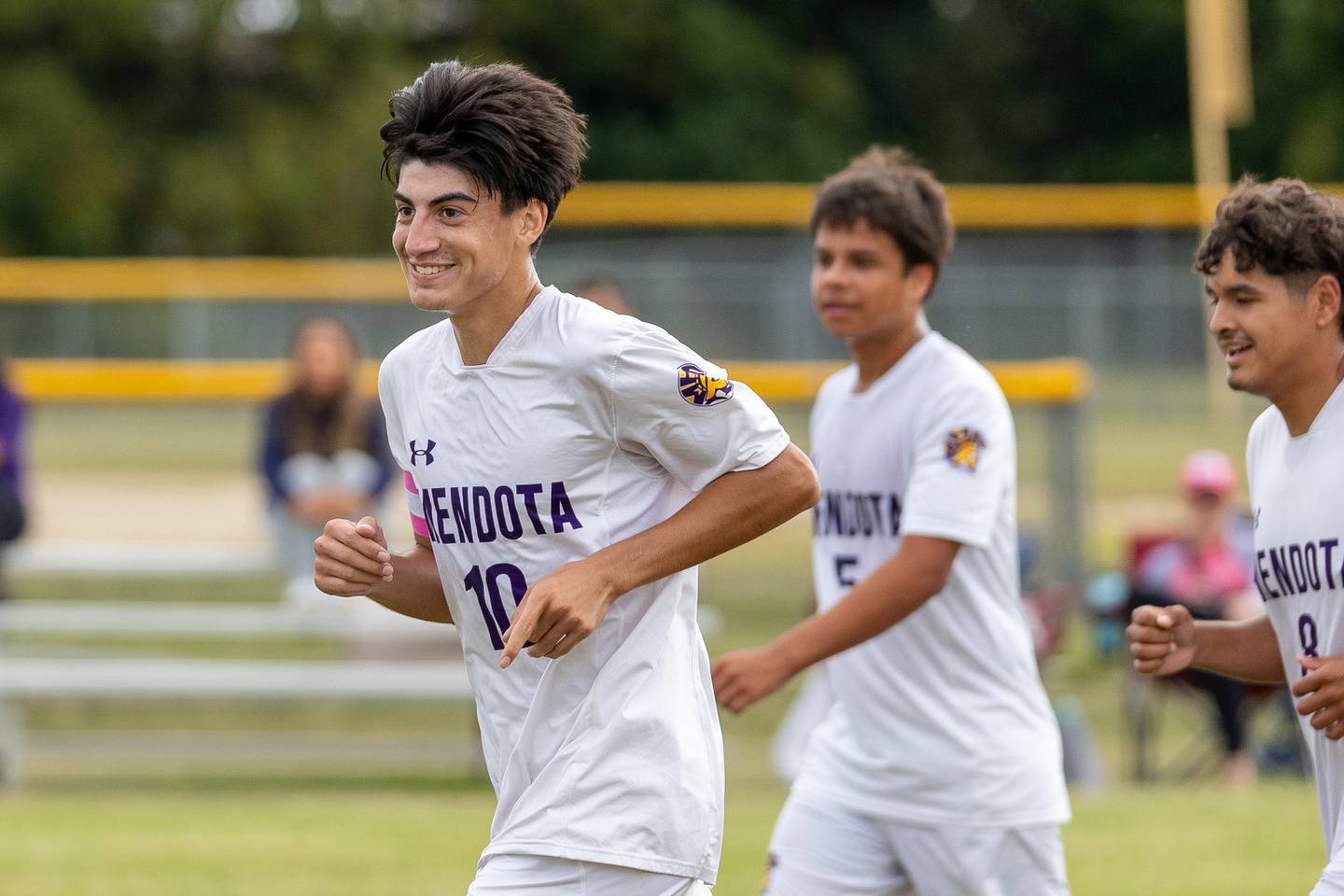 Johan Cortez (10) of Mendota happily runs back to sideline after scoring against Streator on Saturday, Aug 30, 2025 at the James Street Recreation Area in Streator.