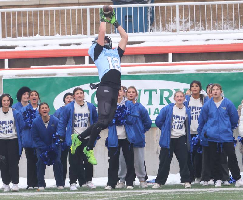 St. Francis's Dario Milivojevic makes a leaping catch during the Class 5A State championship on Tuesday, Dec. 2, 2025 in Hancock Stadium at Illinois State University in Normal.
