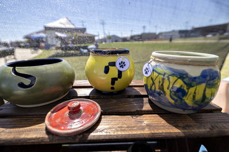 Nic’s Pooch Pottery put on display jars, cups and dishes Saturday, August 23, 2025, at the Art in the Park sculpture walk in Rock Falls.