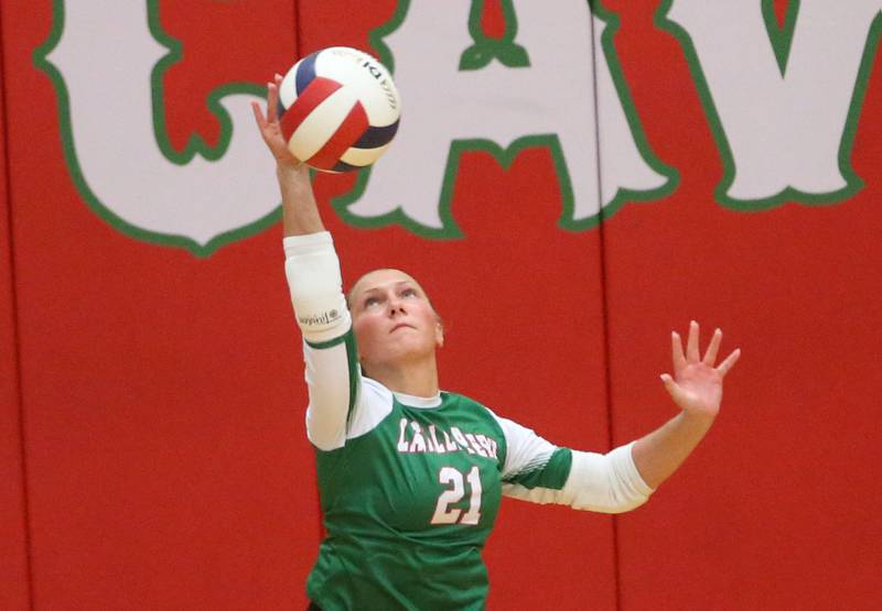 L-P's libero Karmen Piano serves the ball to Sycamore on Tuesday, Sept. 23, 2025 in Sellett Gymnasium at L-P High School.
