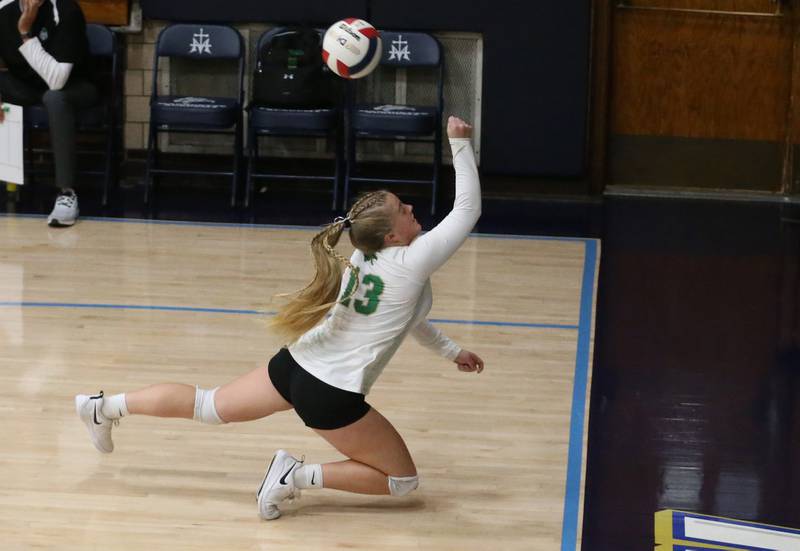 Seneca's Emma Mino saves the ball from hitting the ground against Henry-Senachwine during the Tri-County Conference Championship game on Thursday, Oct. 17, 2024 in Bader Gym at Marquette High School.