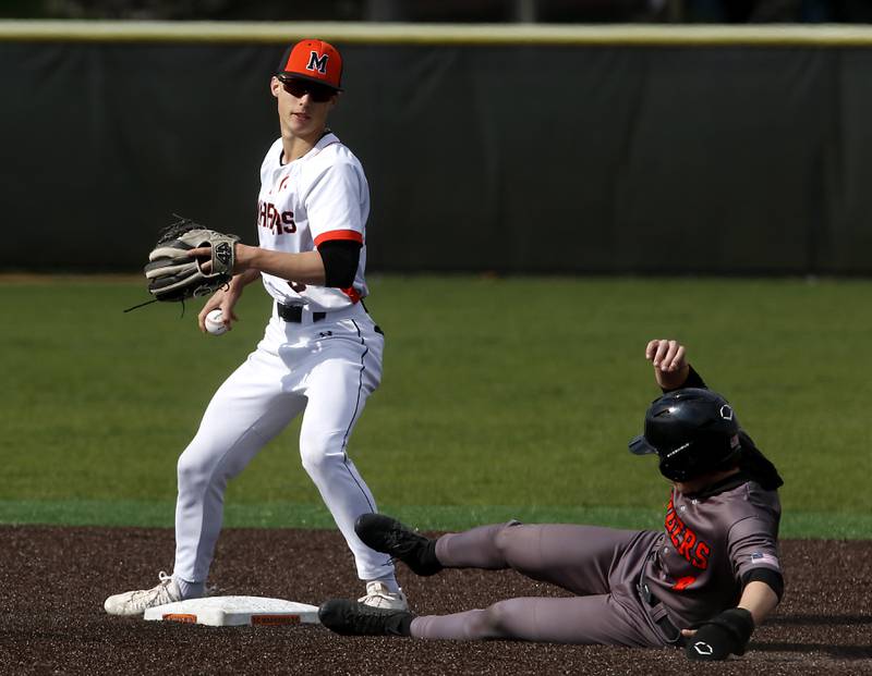 McHenry’s Landon Clements hands onto the ball after forcing out Crystal Lake Central's Carter Kelley out at second base during a Fox Valley Conference baseball game on Friday, May 2, 2025, at McHenry High School.