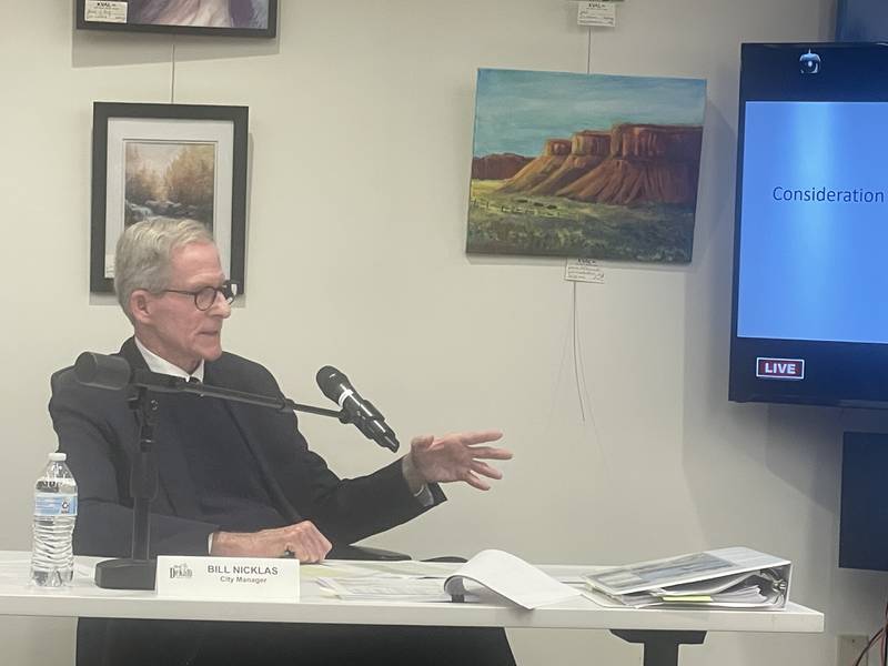 DeKalb City Manager Bill Nicklas delivers remarks Oct. 28, 2024, at the City Council meeting.