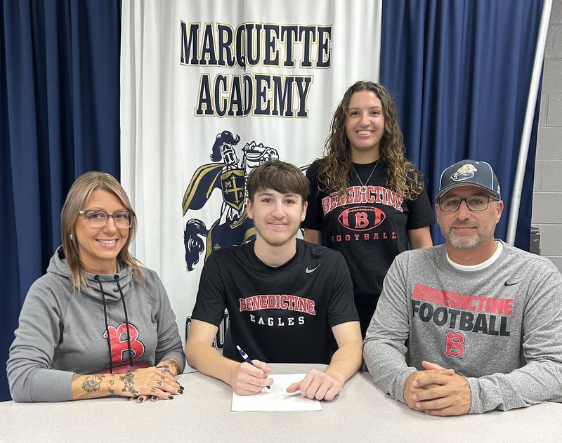 Recent Marquette Academy graduate Rush Keefer has committed to continue his education at Benedictine University in Lisle and his football career with the NCAA Division III Eagles. Keefer is pictured here at his signing ceremony, bookended by Sarah Spickerman and Eric Keefer, with Chloe Keefer standing behind.