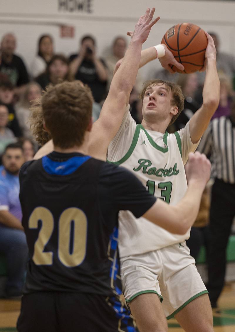 Rock Falls’ Aydan Goff puts up a shot against Rockford Christian Tuesday, Jan. 30, 2024 at Rock Falls High School.
