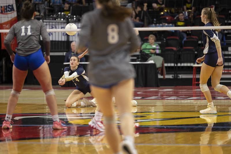 IC Catholic’s Ava Falduto plays a shot Friday, Nov. 11, 2022 during a class 2A semifinal volleyball game Friday, Nov. 11, 2022 against Freeburg.