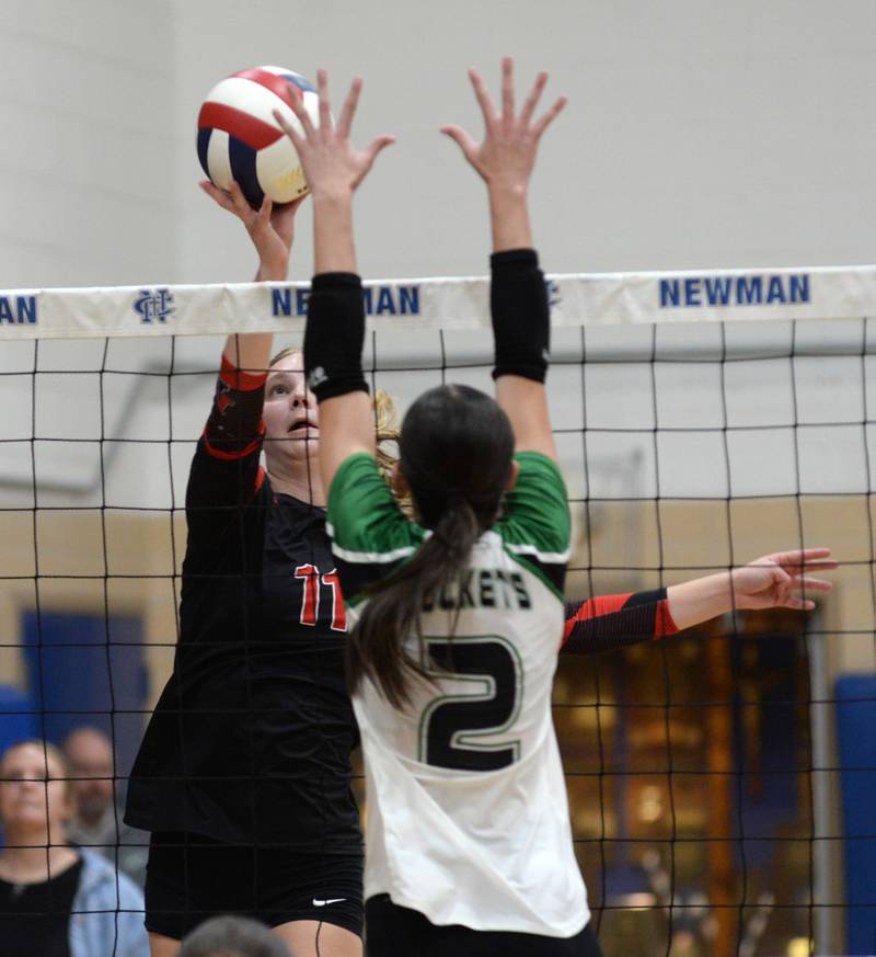 Erie-Prophetstown's Lauren Abbott (11) directs the ball past Rock Falls' Kaltrina Lecaj (2) during the championship of the 2A Sterling Newman Regional on Thursday, Oct. 31, 2024.