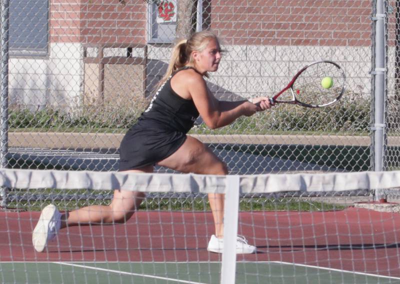 L-P's Ava Lannen returns a serve from Ottawa in the number one doubles match on Tuesday, Sept. 27, 2022 at the L-P Athletic Complex in La Salle.