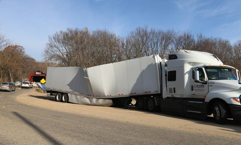 An view of the semi truck that struck the bridge on Thursday, Nov. 16, 2023 in Princeton. Illinois Department of Transportation, Illinois State Police and Bureau County law enforcement surveyed the damage after the semi-truck severely tattered the bridge.