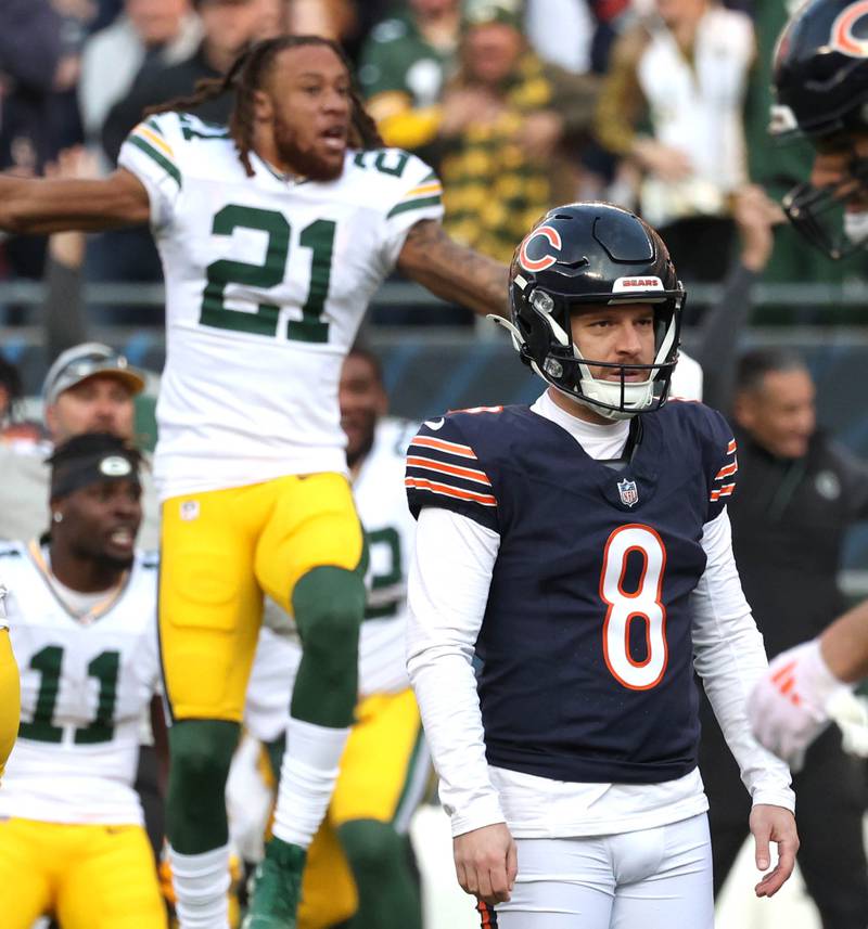 Chicago Bears place kicker Cairo Santos stands in disbelief after his potential game-winning kick was blocked by Green Bay Packers defensive end Karl Brooks as time expired sealing the win for the Packers Sunday, Nov. 17, 2024, during their game at Soldier Field in Chicago.
