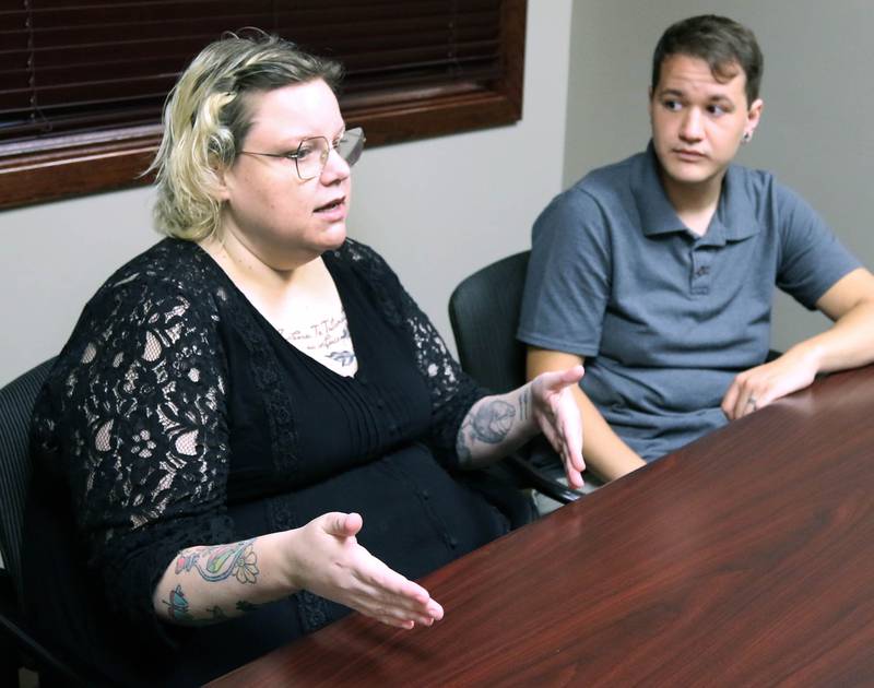 Ash Rootes and Beck Garcia, from DeKalb Mutual Aid, talk Tuesday, June 10, 2025, about their focus for the future of the local nonprofit group.