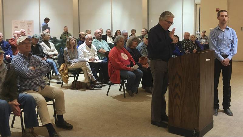South Elgin Village Board Trustee Jim Breunlin took to the podium to express his objections to the removal of the Kimball Street Dam in Elgin at a meeting held by the US Army Corp of Engineers in the Heritage Ballroom of the Centre of Elgin on Sept. 19, 2023.