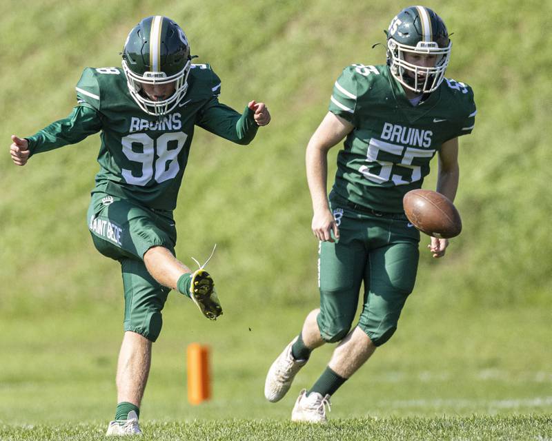 Ryan Soliman delivers a kickoff down the field during the game against Highland park at St. Bede Academy on September 30, 2023.