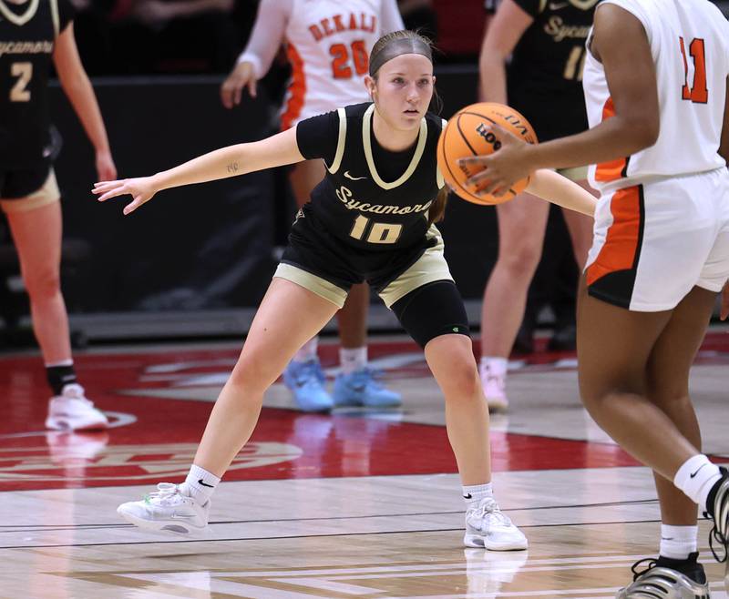 Sycamore's Cortni Kruizenga plays defense against DeKalb's Johnna Patrick Friday, Jan. 30, 2026, during their game in the FNBO Challenge in the Convocation Center at Northern Illinois University in DeKalb.