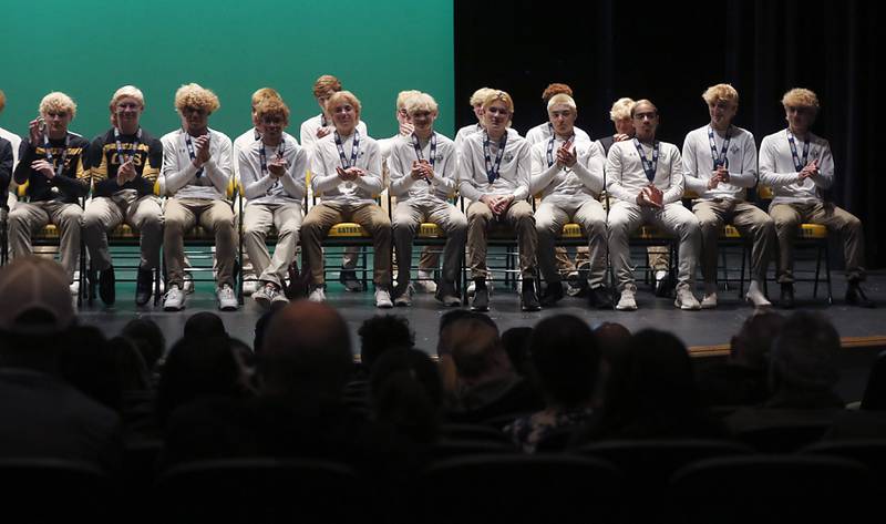 Crystal Lake South players clap for their parents during a celebration for the Crystal Lake South boys soccer team on Wednesday, Nov. 8, 2023, at Crystal Lake South High School. South defeated Peoria Notre Dame to win their second soccer state championship on Saturday.