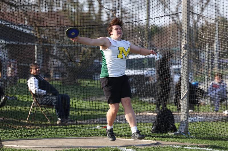 Bishop McNamara's Cale Hamilton throws the discus during the Boilermaker Invite on Thursday, April 3, 2025.