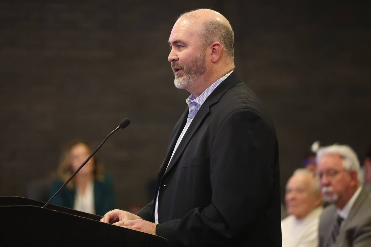 Joliet Chamber of Commerce Vice President Mike Paone sprees for the approval of the proposed data center at the City of Joliet City Council meeting on Monday, March 16, 2026 in Joliet.