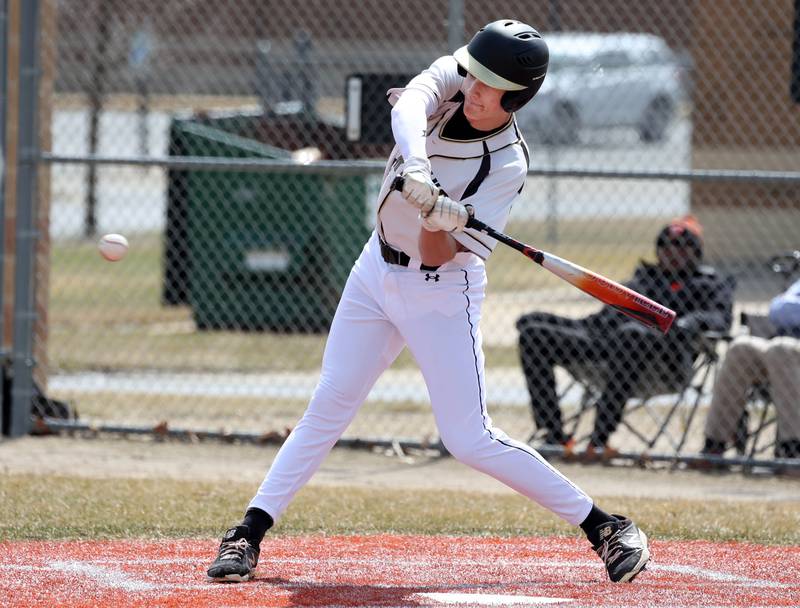 Sycamore's Jackson Macdonald takes a cut during their game against Byron Wednesday, March 26, 2025, at DeKalb High School. Sycamore’s home field was damaged in last week’s storms so today’s game was played on DeKalb’s field.