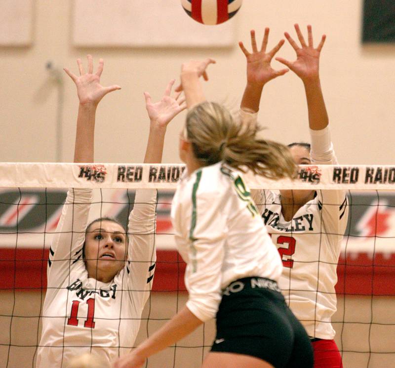 Huntley’s Avery Gonzalez, left, blocks against Crystal Lake South in varsity volleyball at Huntley Tuesday.