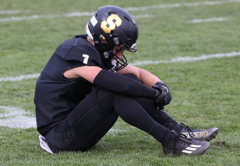 Sycamore's Colton  Sharpness reacts as time runs out Saturday, Nov. 16, 2024, during their Class 5A quarterfinal loss to St. Francis at Sycamore High School.